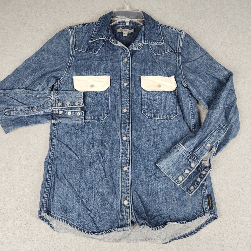 Calvin Klein Jeans Denim Shirt Womens Small Blue Western Flap Pocket Button Up